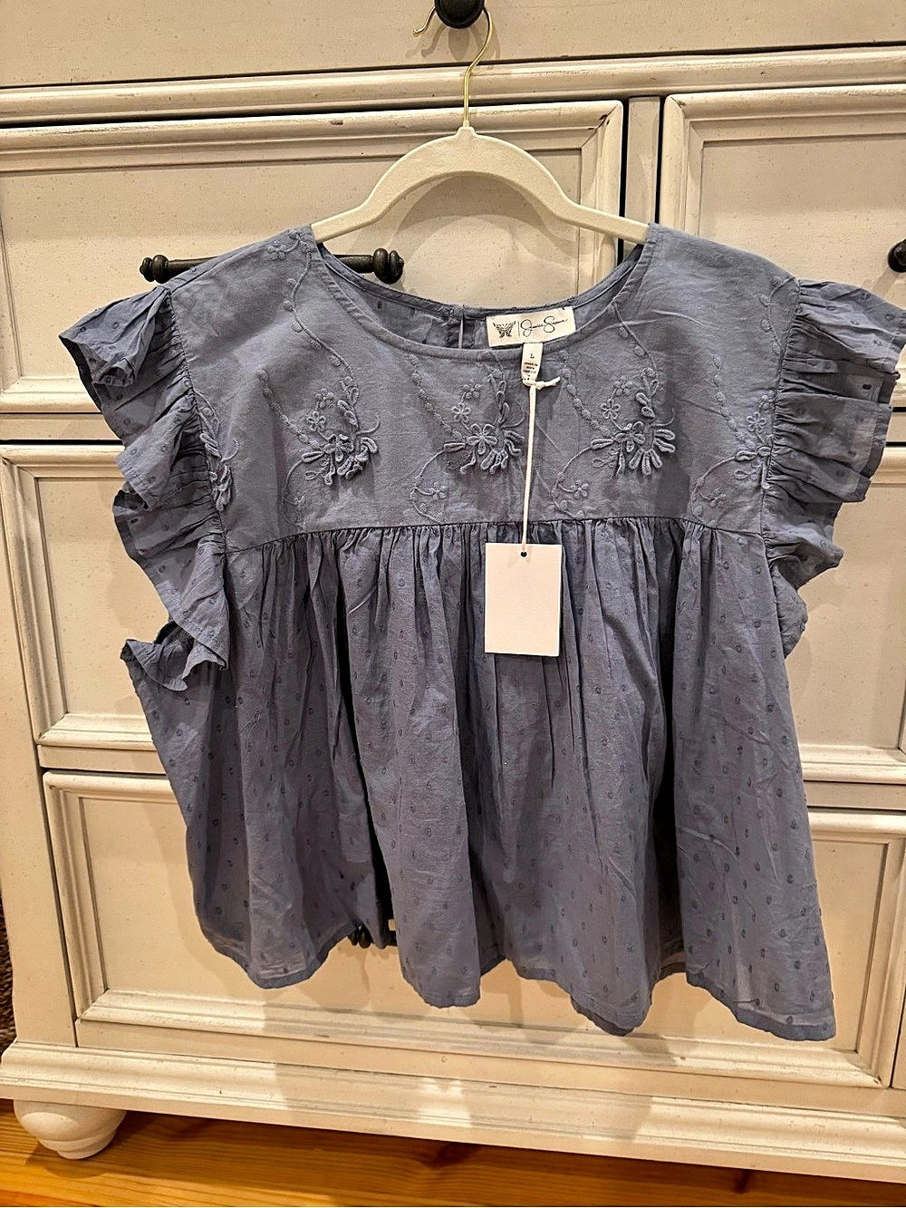 Jessica Simpson Embroidered Ruffle Sleeve Blouse in Blue Size Large NWT